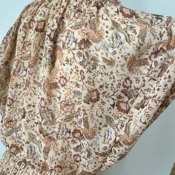 OLIVACEOUS DRESS FLORAL METALLIC DETAIL RUCHED TIERED SMOCKED SZ M FAIRY CORE - Picture 13 of 16